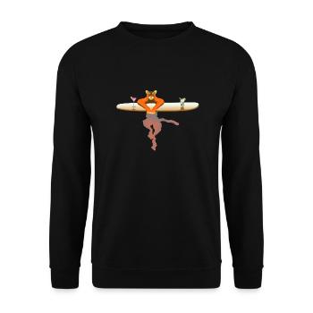 Katze auf einem Surfbrett - Unisex Pullover - Schwarz - Vorne - Alina (178cm) & Michal (187cm)