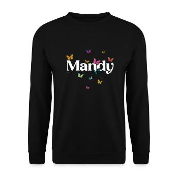 MANDY - Schöner Mädchen Name mit bunten Schmetterl - Unisex Pullover - Schwarz - Vorne - Alina (178cm) & Michal (187cm)
