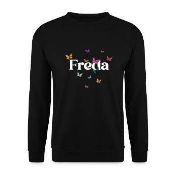 FREDA - Beautiful girl name with butterflies - Unisex Sweatshirt - black - Front - Alina (178cm) & Michal (187cm)