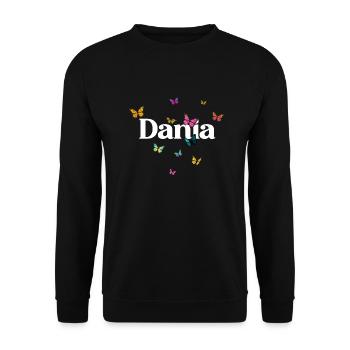DANIA - Beautiful Girl Name with Colorful Butterfly - Unisex Sweatshirt - black - Front - Alina (178cm) & Michal (187cm)