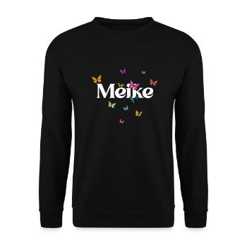 MEIKE - Schöner Mädchen Name mit bunten Schmetterl - Unisex Pullover - Schwarz - Vorne - Alina (178cm) & Michal (187cm)