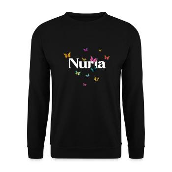 NURIA - Beautiful Girl Name with Colorful Butterfly - Unisex Sweatshirt - black - Front - Alina (178cm) & Michal (187cm)