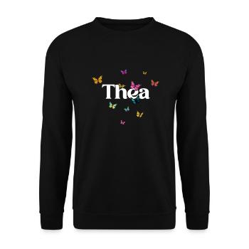 THEA - Schöner Mädchen Name mit Schmetterlingen - Unisex Pullover - Schwarz - Vorne - Alina (178cm) & Michal (187cm)