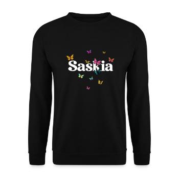 SASKIA - Schöner Mädchen Name mit Schmetterlingen - Unisex Pullover - Schwarz - Vorne - Alina (178cm) & Michal (187cm)