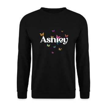 ASHLEY - Schöner Mädchen Name mit Schmetterlingen - Unisex Pullover - Schwarz - Vorne - Alina (178cm) & Michal (187cm)