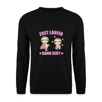 Lustiges Faultier das joggt und sekt - Unisex Pullover - Schwarz - Vorne - Alina (178cm) & Michal (187cm)