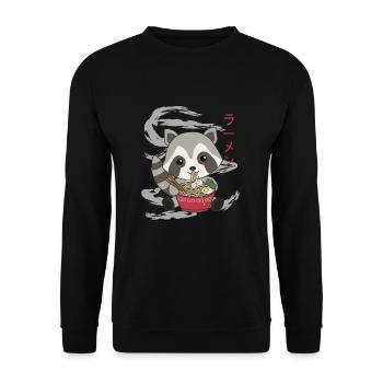 Powered by Ramen süßer Waschbär isst Ramen - Unisex Pullover - Schwarz - Vorne - Alina (178cm) & Michal (187cm)