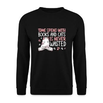 Katze Buchliebhaber Bücher Lesen - Unisex Pullover - Schwarz - Vorne - Alina (178cm) & Michal (187cm)