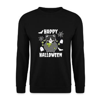 Katze Happy Halloween Hexenkessel Fledermaus - Unisex Pullover - Schwarz - Vorne - Alina (178cm) & Michal (187cm)