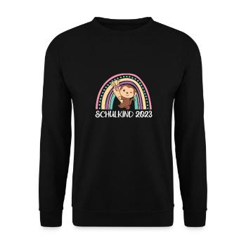 Schulkind 2023 Einschulung Affe Schule - Unisex Pullover - Schwarz - Vorne - Alina (178cm) & Michal (187cm)