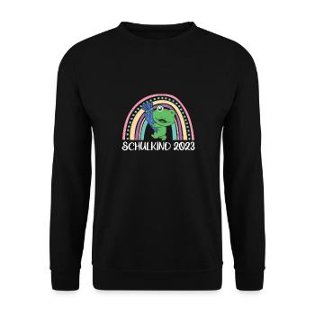 Schulkind 2023 Einschulung Frosch Schule - Unisex Pullover - Schwarz - Vorne - Alina (178cm) & Michal (187cm)