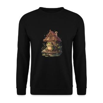 Cottagecore Ästhetik Frosch im Wald mit Hütte - Unisex Pullover - Schwarz - Vorne - Alina (178cm) & Michal (187cm)