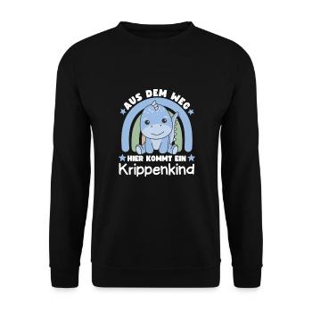 Aus Dem Weg Hier Kommt Ein Krippenkind Dino - Unisex Pullover - Schwarz - Vorne - Alina (178cm) & Michal (187cm)