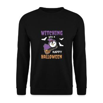 Pinguin Hexe Witching you a Happy Halloween - Unisex Pullover - Schwarz - Vorne - Alina (178cm) & Michal (187cm)