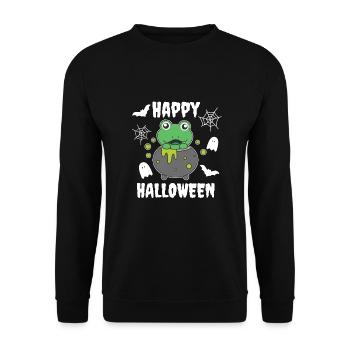 Frosch Happy Halloween Hexenkessel Fledermaus - Unisex Pullover - Schwarz - Vorne - Alina (178cm) & Michal (187cm)