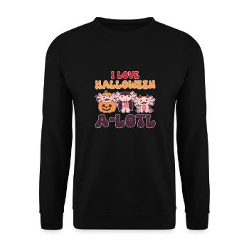 Axolotl Halloween Wortspiel Kürbis Fledermaus - Unisex Pullover - Schwarz - Vorne - Alina (178cm) & Michal (187cm)