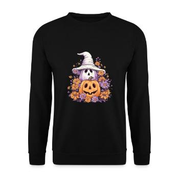 Halloween groovy Geist Hippie Blumen Kürbis - Unisex Pullover - Schwarz - Vorne - Alina (178cm) & Michal (187cm)