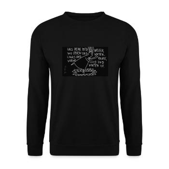 Lass deine Mitte wissen, wo vorne und hinten etc. - Unisex Pullover - Schwarz - Vorne - Alina (178cm) & Michal (187cm)