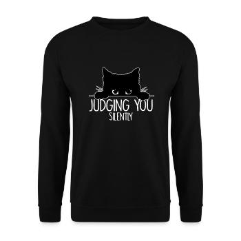 Lustige schwarze Katze, die dich im Stillen beurteilt Sarkastische Katze - Unisex Pullover - Schwarz - Vorne - Alina (178cm) & Michal (187cm)