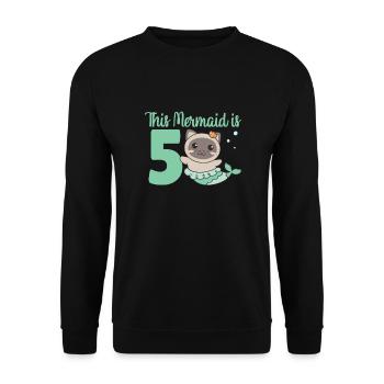 Katze zum 5. Geburtstag Meerjungfrau Katze - Unisex Pullover - Schwarz - Vorne - Alina (178cm) & Michal (187cm)