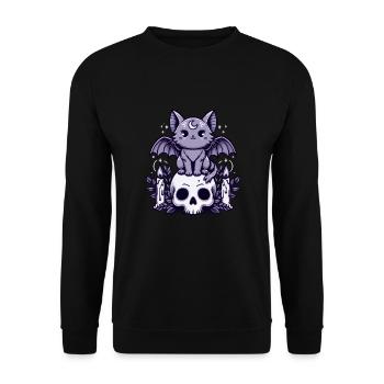 Kawaii Pastel Goth Cute Creepy Katze Fledermaus - Unisex Pullover - Schwarz - Vorne - Alina (178cm) & Michal (187cm)