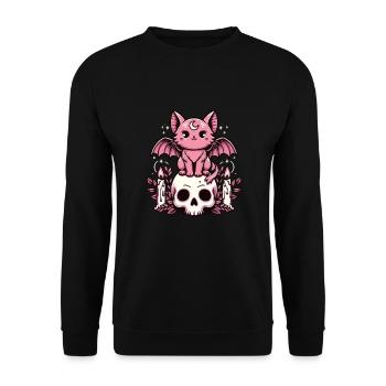 Kawaii Pastel Goth Cute Creepy Katze Fledermaus - Unisex Pullover - Schwarz - Vorne - Alina (178cm) & Michal (187cm)