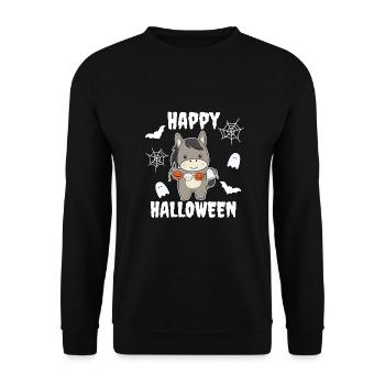 Esel Happy Halloween Kürbis Fledermaus Kostüm - Unisex Pullover - Schwarz - Vorne - Alina (178cm) & Michal (187cm)