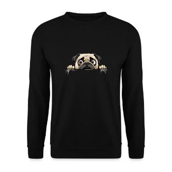 Mops Peeking Niedliche Entzückende Lustige Tier Karikatur - Unisex Pullover - Schwarz - Vorne - Alina (178cm) & Michal (187cm)