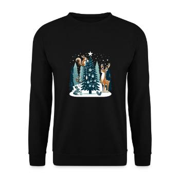Weihnachtsdesign mit Waldtieren am Weihnachtsbaum - Unisex Pullover - Schwarz - Vorne - Alina (178cm) & Michal (187cm)