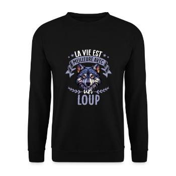 La vie est meilleure avec un loup - süßer Wolf - Unisex Pullover - Schwarz - Vorne - Alina (178cm) & Michal (187cm)