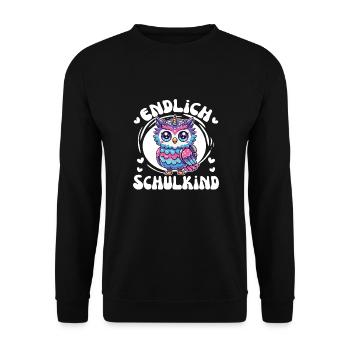 Endlich Schulkind süße Eule zur Einschulung - Unisex Pullover - Schwarz - Vorne - Alina (178cm) & Michal (187cm)