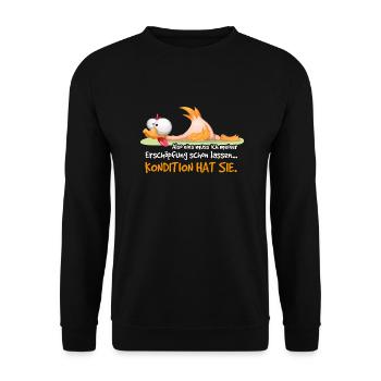 Erschöpte müde Ente / Huhn nach Sport am Boden - Unisex Pullover - Schwarz - Vorne - Alina (178cm) & Michal (187cm)