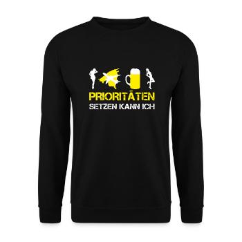 Lustiges Mallorca PRIORITÄTEN SETZEN KANN ICH Bier - Unisex Pullover - Schwarz - Vorne - Alina (178cm) & Michal (187cm)
