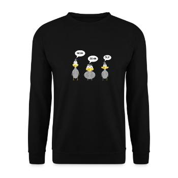 Drei lustige Vögel (Möwe) mit Wortspiel - Unisex Pullover - Schwarz - Vorne - Alina (178cm) & Michal (187cm)