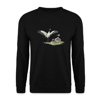 Kranich-Familie mit Küken - Unisex Pullover - Schwarz - Vorne - Alina (178cm) & Michal (187cm)