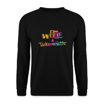 Selbstironie: WOKE & linksversifft - Unisex Pullover - Schwarz - Vorne - Alina (178cm) & Michal (187cm)