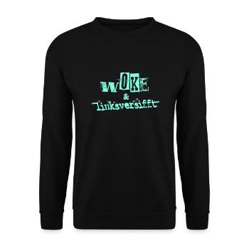 Selbstironie: WOKE & linksversifft - Unisex Pullover - Schwarz - Vorne - Alina (178cm) & Michal (187cm)