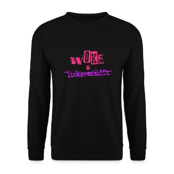 Selbstironie: WOKE & linksversifft - Unisex Pullover - Schwarz - Vorne - Alina (178cm) & Michal (187cm)