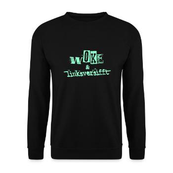 Selbstironie: WOKE & linksversifft - Unisex Pullover - Schwarz - Vorne - Alina (178cm) & Michal (187cm)