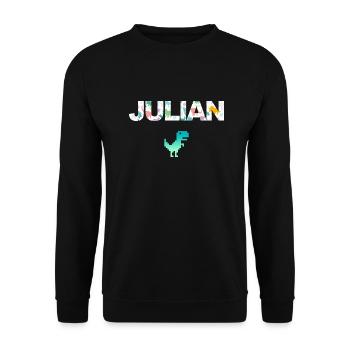 JULIAN - Schöner Jungen Name mit Dinosaurier - Unisex Pullover - Schwarz - Vorne - Alina (178cm) & Michal (187cm)