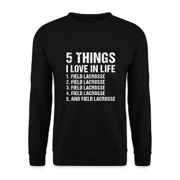 Sport 5 Things I Love In Life Field Lacrosse - Unisex Sweatshirt - black - Front - Alina (178cm) & Michal (187cm)