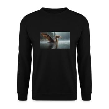 Ein realistischer böser dunkler Drache in einem nebligen Fluss - Unisex Pullover - Schwarz - Vorne - Alina (178cm) & Michal (187cm)
