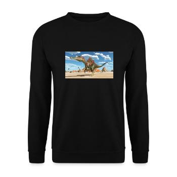 Dinosaurier Ichthyovenator in einer Landschaft - Unisex Pullover - Schwarz - Vorne - Alina (178cm) & Michal (187cm)