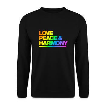Typo Love Peace Harmony Rainbow - Unisex Pullover - Schwarz - Vorne - Alina (178cm) & Michal (187cm)