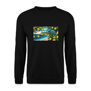 Imprimé rétro Algarve avec des citrons et des caméléons - Sweat-shirt Unisexe - noir - Devant - Alina (178cm) & Michal (187cm)