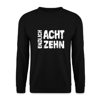 18. Geburtstag Endlich 18 Spruch - Unisex Pullover - Schwarz - Vorne - Alina (178cm) & Michal (187cm)