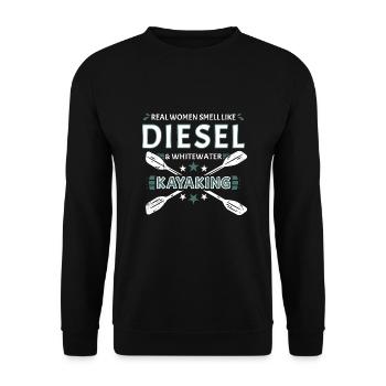 Real Women Smell Like Diesel & Whitewater Kayaking - Unisex Pullover - Schwarz - Vorne - Alina (178cm) & Michal (187cm)