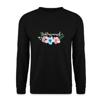 Lieblingsmensch Spruch Herz Geschenk Blumenranke - Unisex Pullover - Schwarz - Vorne - Alina (178cm) & Michal (187cm)