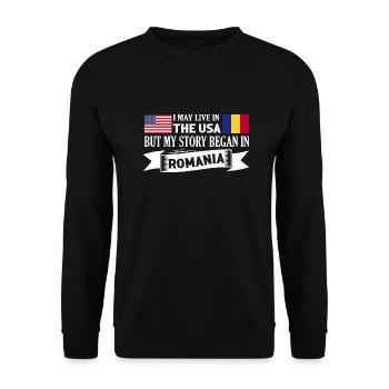 Je vis peut-être aux États-Unis, mais mon histoire a commencé en romani - Sweat-shirt Unisexe - noir - Devant - Alina (178cm) & Michal (187cm)