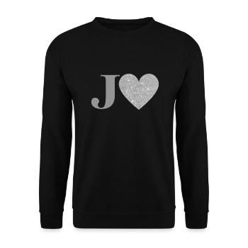 Buchstabe j Silbernes Herz - Unisex Pullover - Schwarz - Vorne - Alina (178cm) & Michal (187cm)